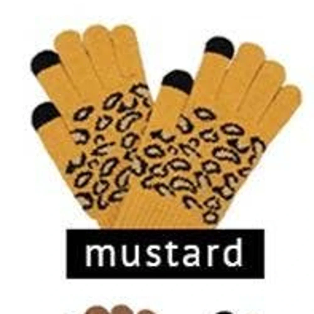 Mustard Black Leopard Print Knit Smart Touch Gloves